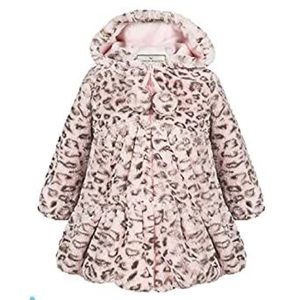Girls' Faux Fur Hooded Coat, Pink Leopard